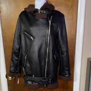 Urban Outfitters Black Leather Jacket with Brown Trim